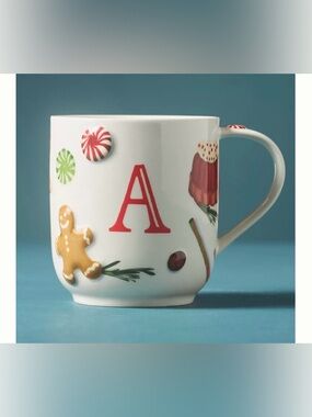 Anthropologie monogram A Holiday Mug in White with Red Accent - Holifaye new